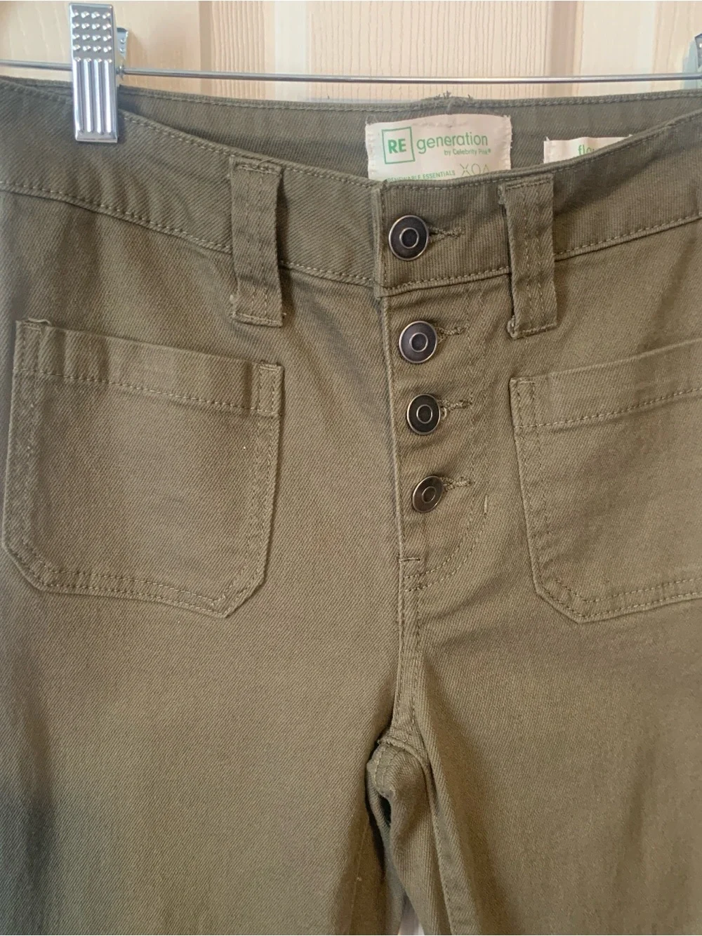 High-Rise Olive Flare Jeans with Button Front